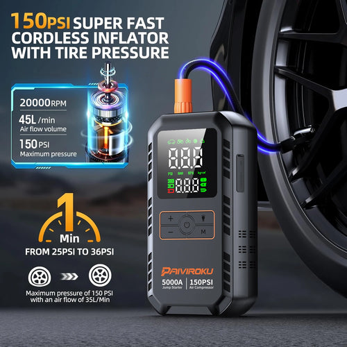 4-IN-1 Car Jump Starter with Air Compressor Tire Inflator and Portable Power Bank