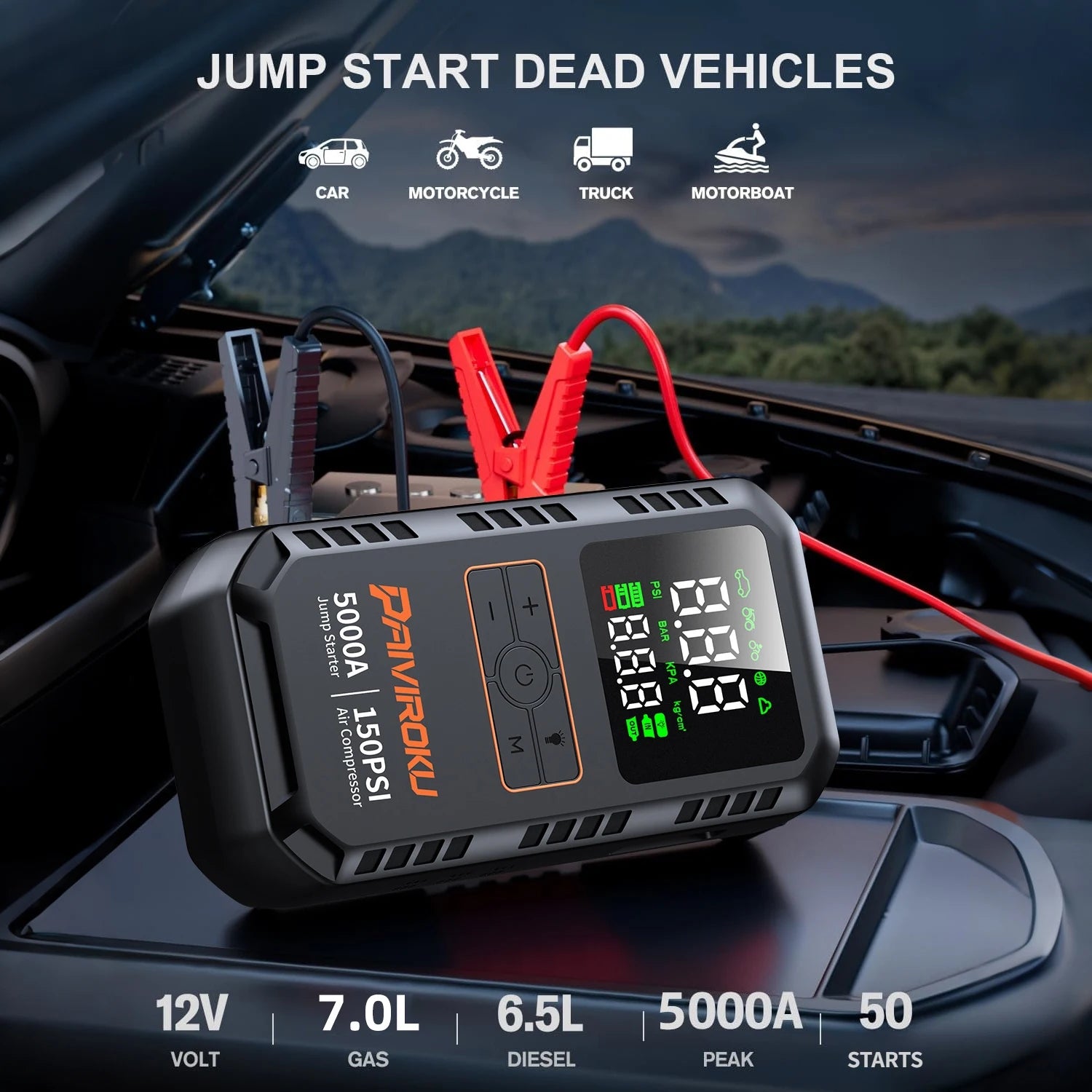 4-IN-1 Car Jump Starter with Air Compressor Tire Inflator and Portable Power Bank