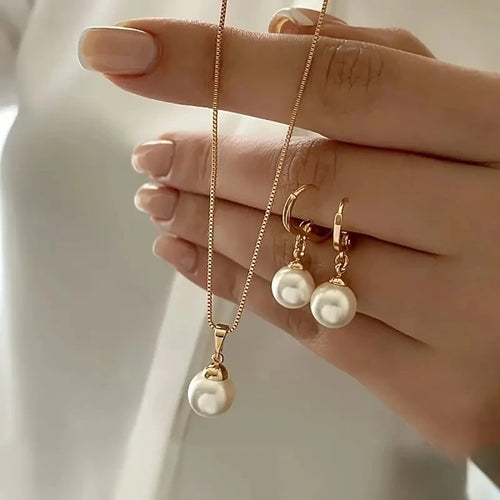 Classic Pearl Jewelry Set - Chain Necklace & Drop Earrings