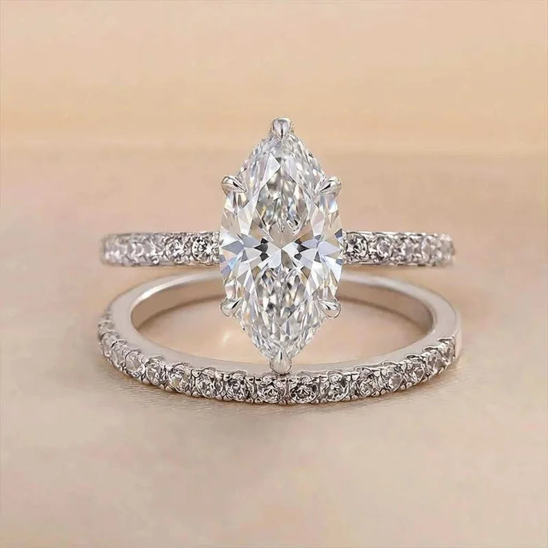 Marquise Solitaire Ring, 925 Sterling Silver. Pavé Set