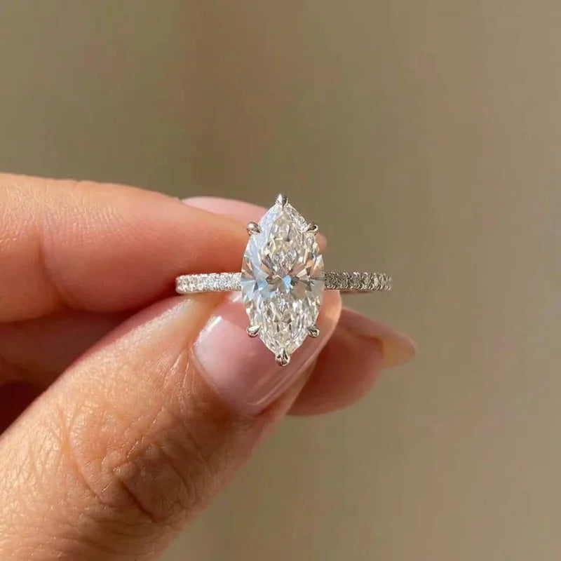 Marquise Solitaire Ring, 925 Sterling Silver. Pavé Set