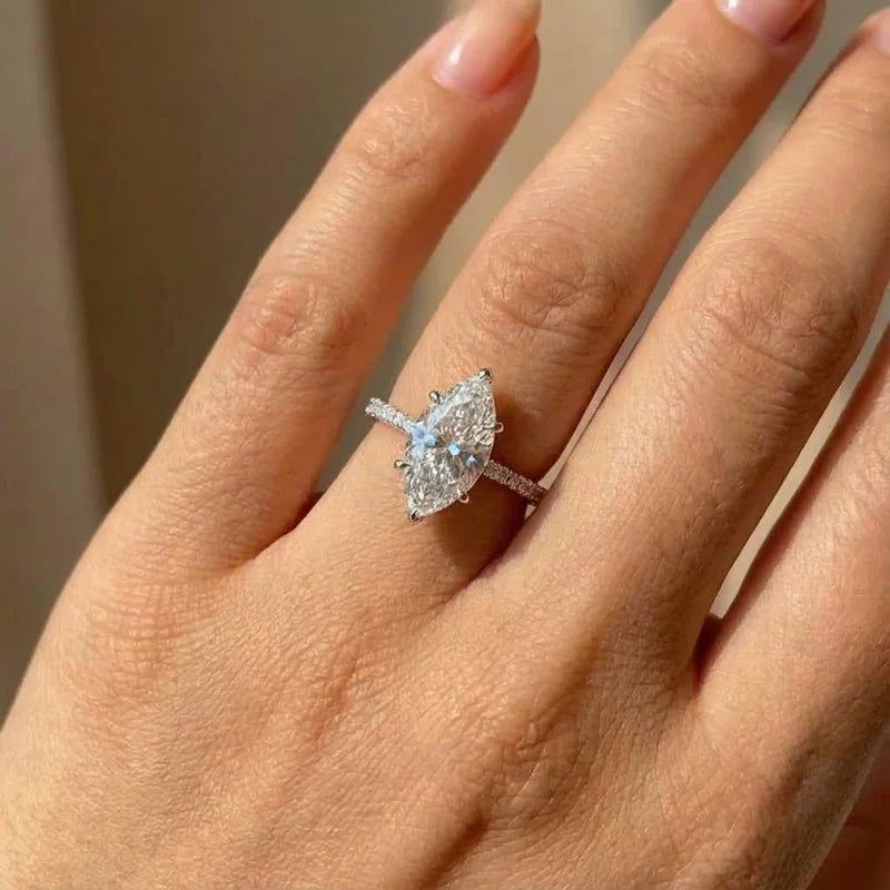 Marquise Solitaire Ring, 925 Sterling Silver. Pavé Set