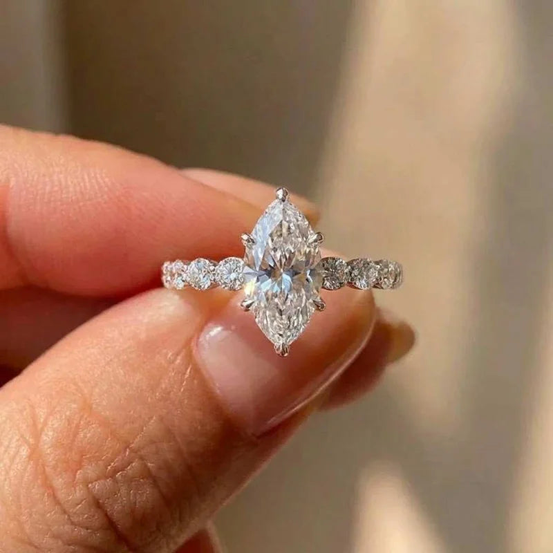 Marquise Solitaire Ring, 925 Sterling Silver. Pavé Set