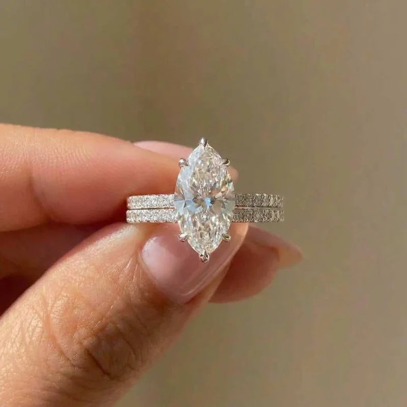 Marquise Solitaire Ring, 925 Sterling Silver. Pavé Set