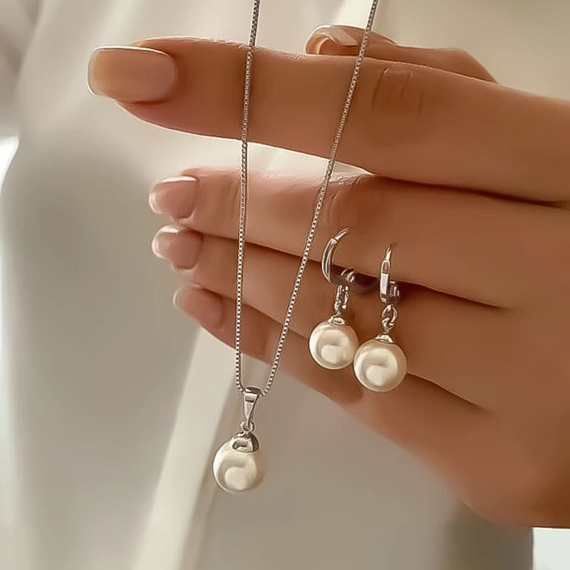 Classic Pearl Jewelry Set - Chain Necklace & Drop Earrings