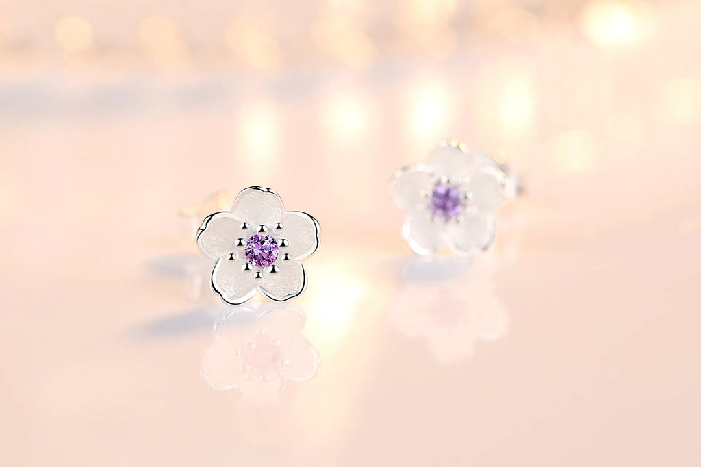 Cherry Blossom Stud Earrings, 925 Silver