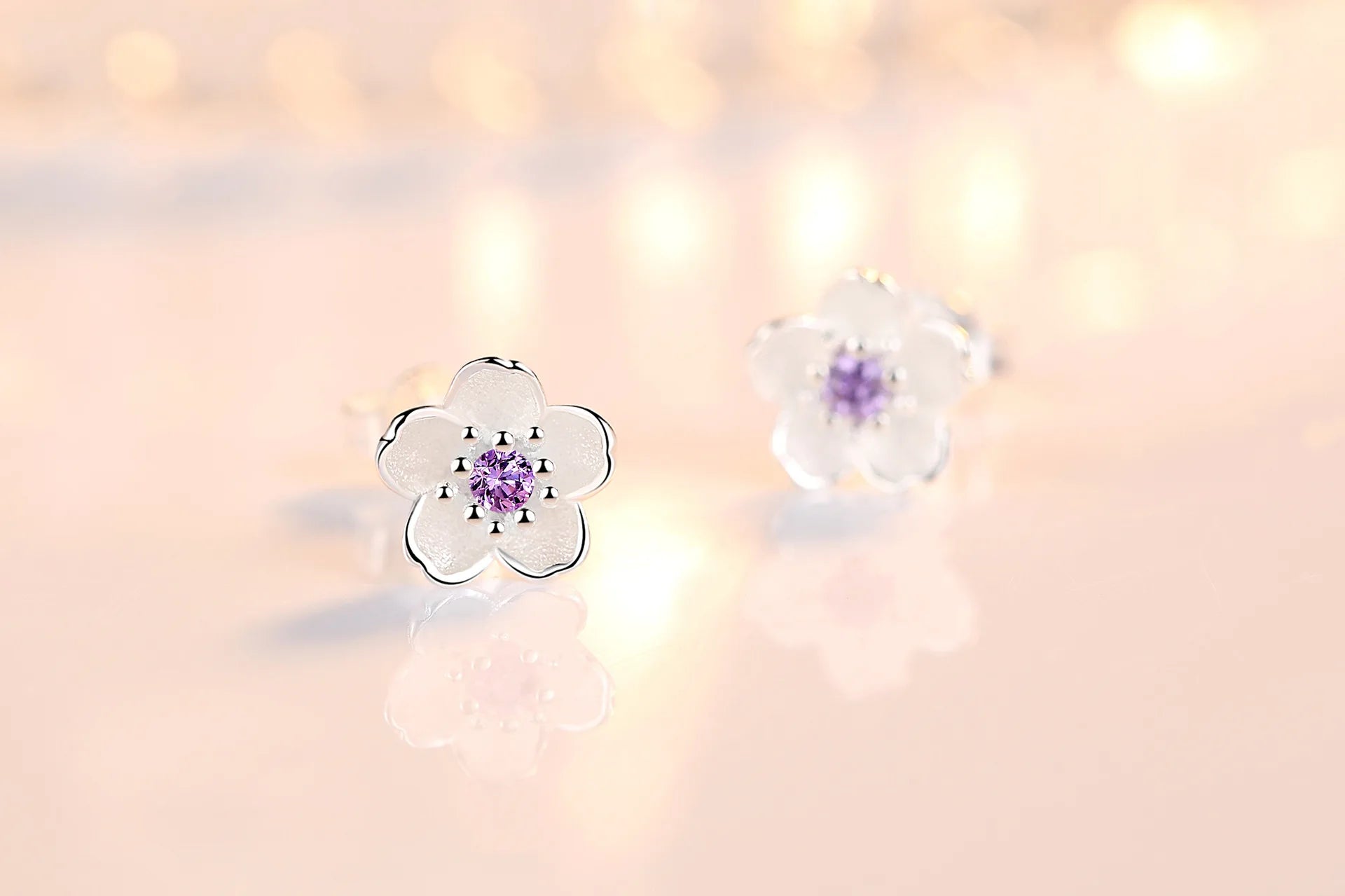 Cherry Blossom Stud Earrings, 925 Silver