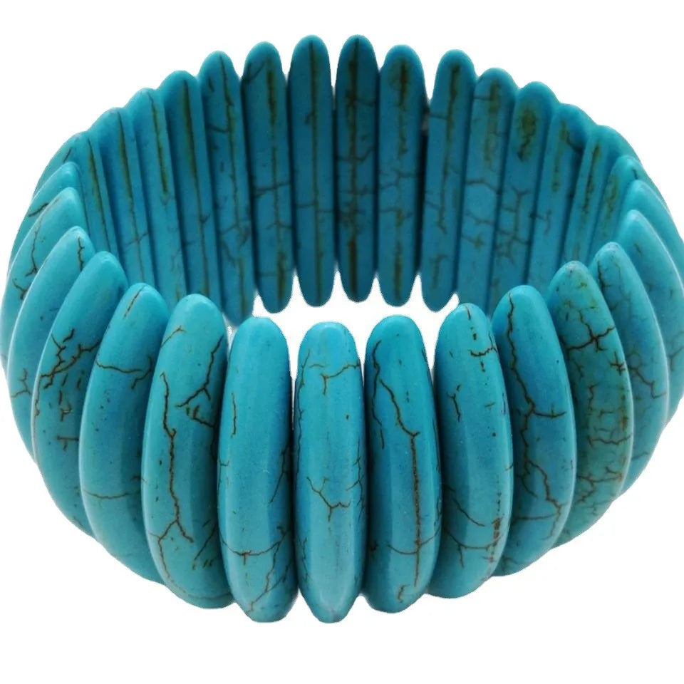 Turquoise Stone Stretch Bracelet, Sculpted Disc Beads