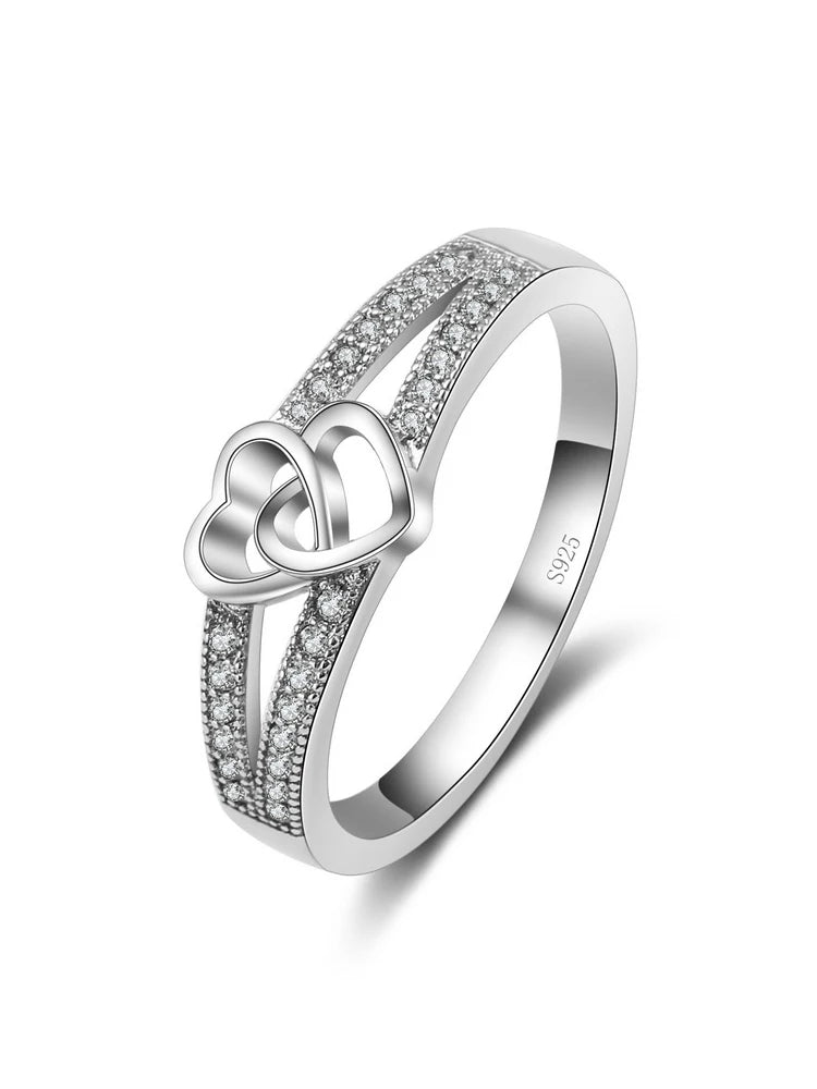 Interlocked Hearts Ring, 925 Silver. Pavé set