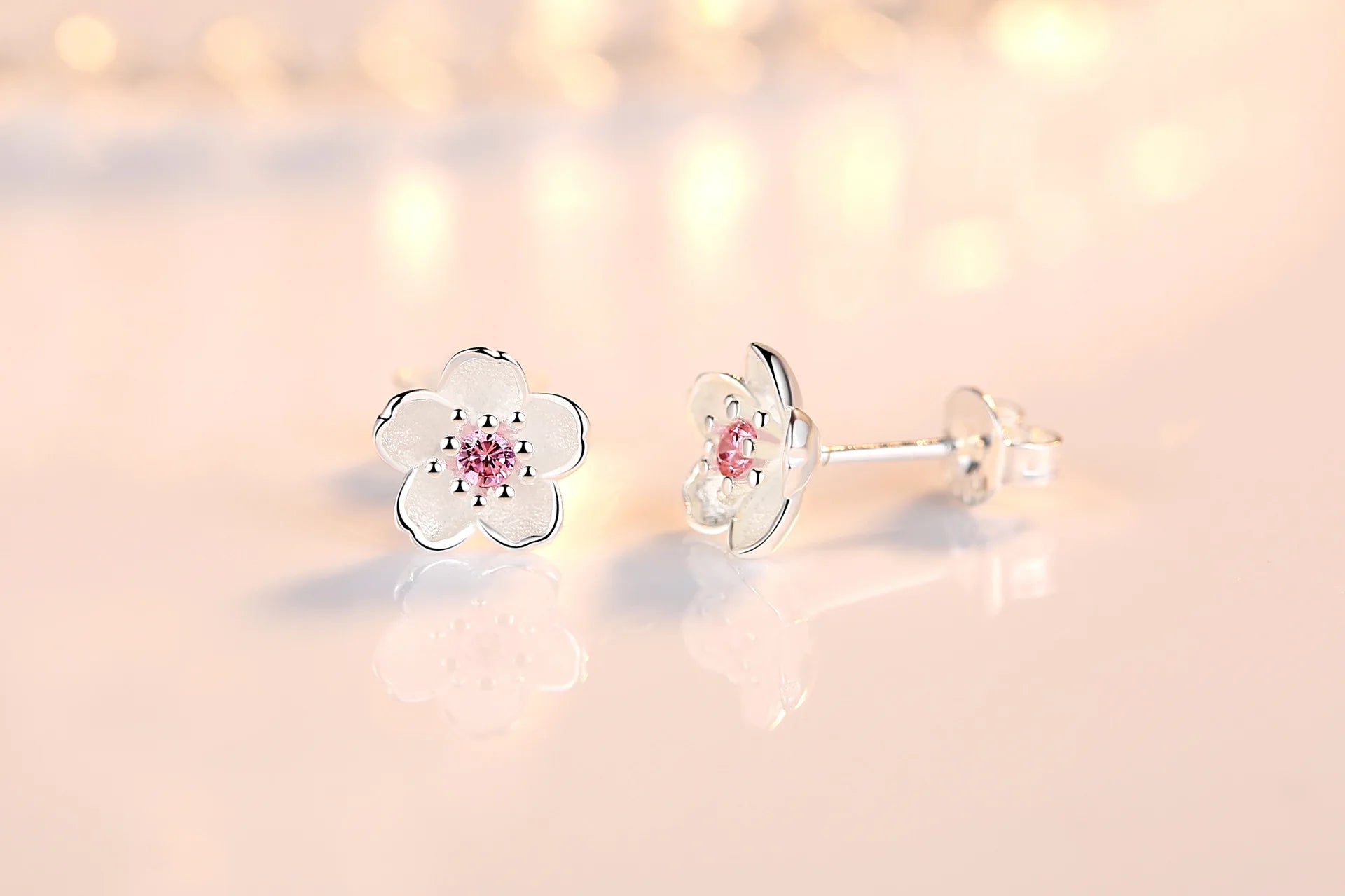 Cherry Blossom Stud Earrings, 925 Silver