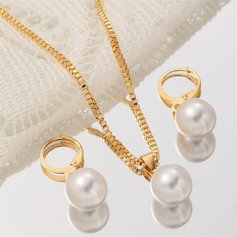 Classic Pearl Jewelry Set - Chain Necklace & Drop Earrings