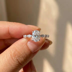 Oval Solitaire Ring, 925 Sterling Silver. Pavé Band