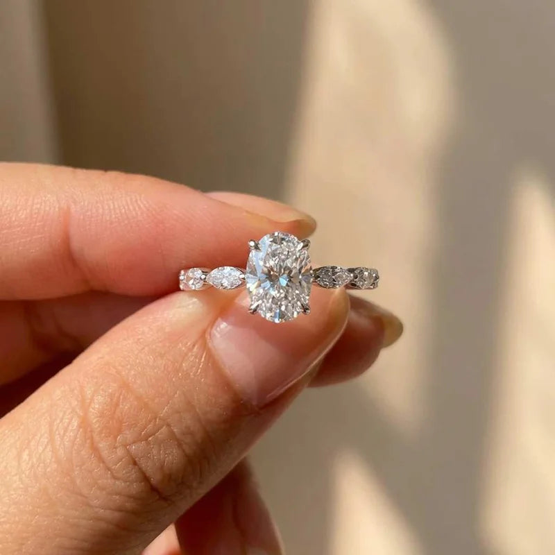 Oval Solitaire Ring, 925 Sterling Silver. Pavé Band