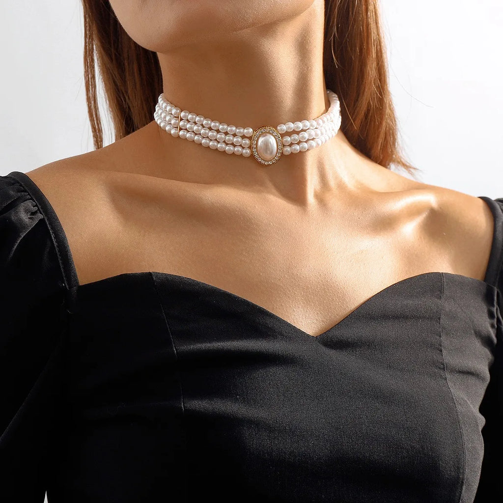 Triple Strand Pearl Choker, Oval Cameo Detail