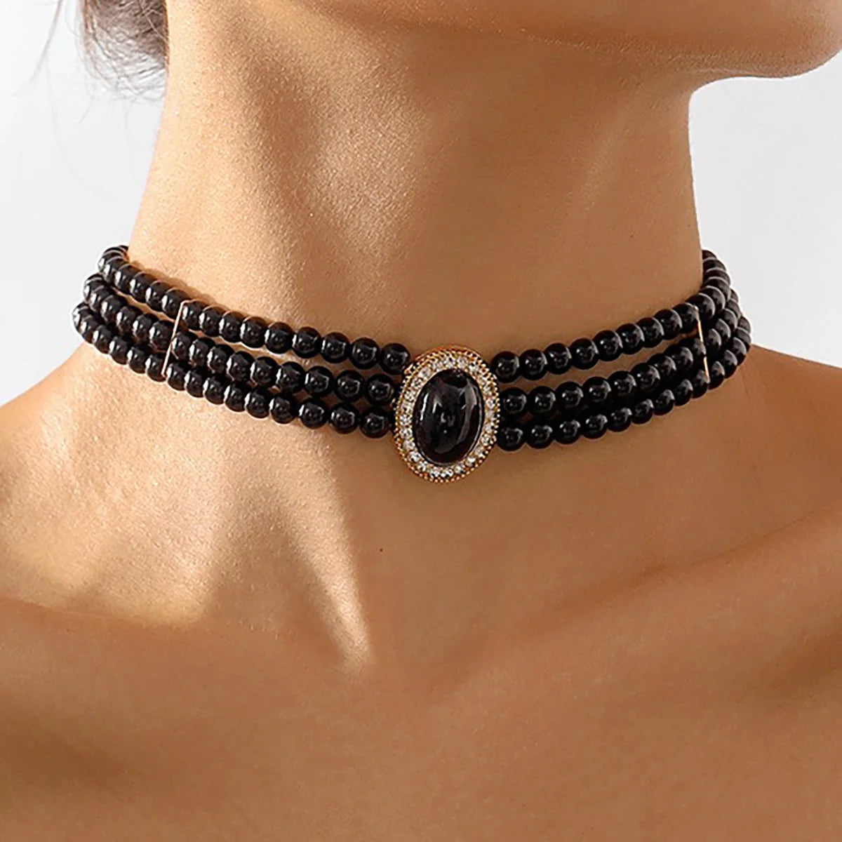 Triple Strand Pearl Choker, Oval Cameo Detail