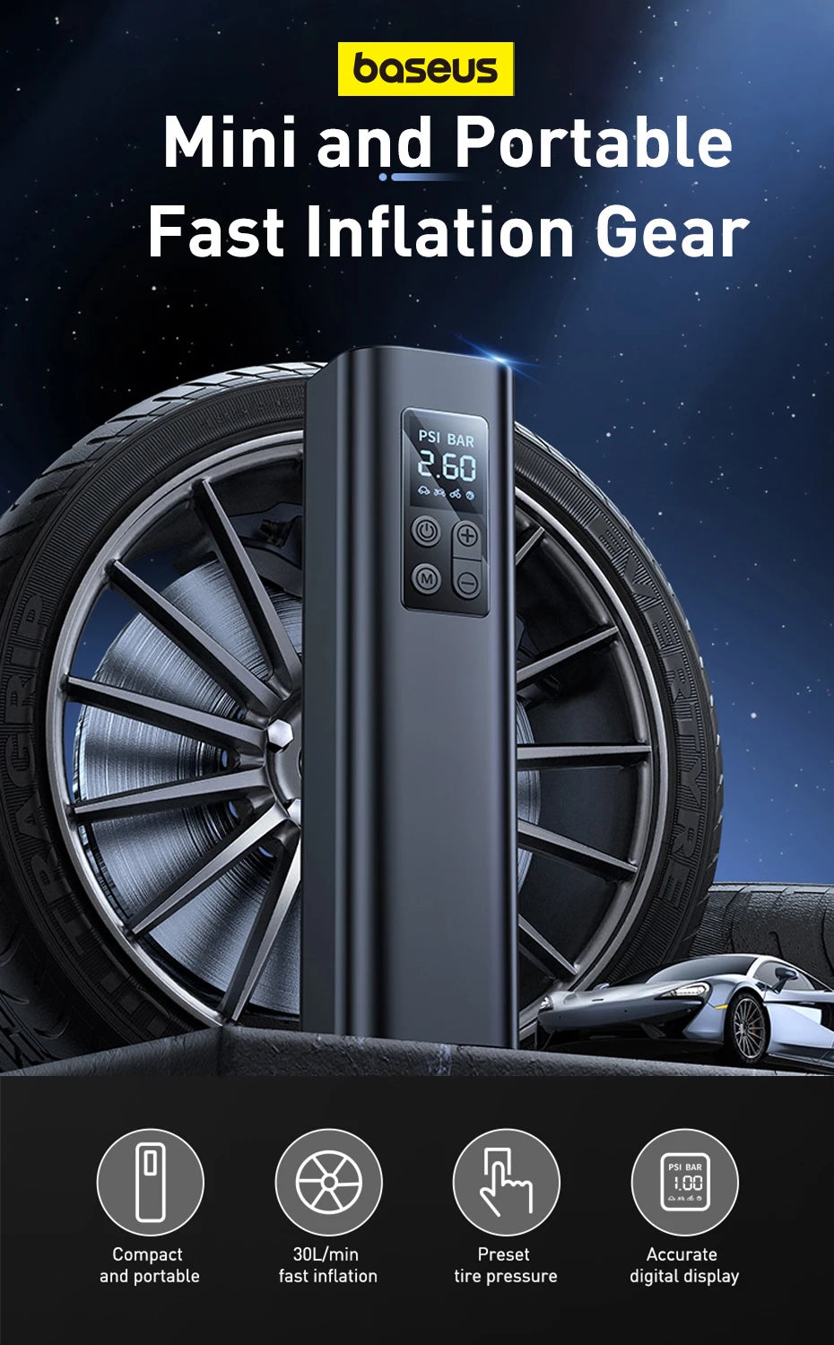 Mini Car Air Compressor 12V 150PSI  Baseus Tire Inflator Pump