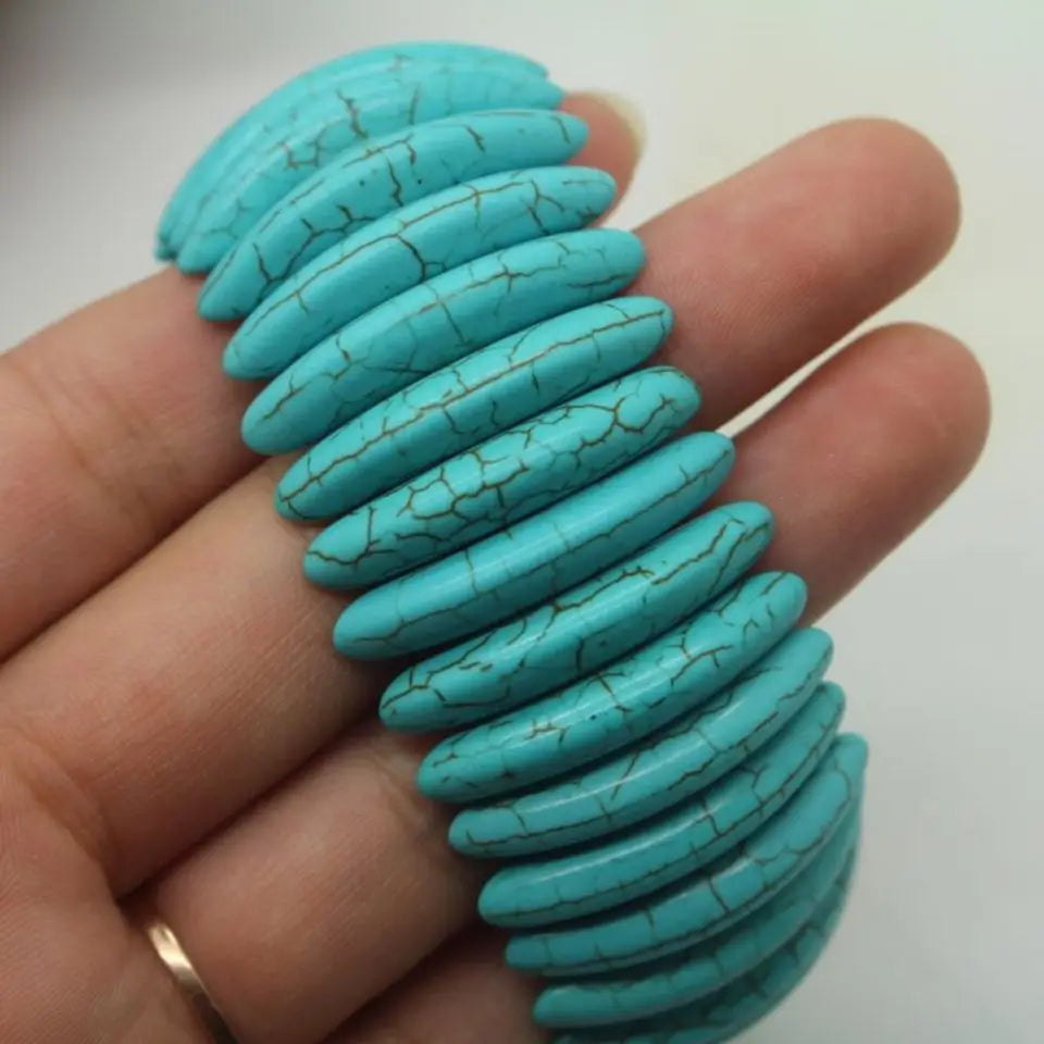 Turquoise Stone Stretch Bracelet, Sculpted Disc Beads