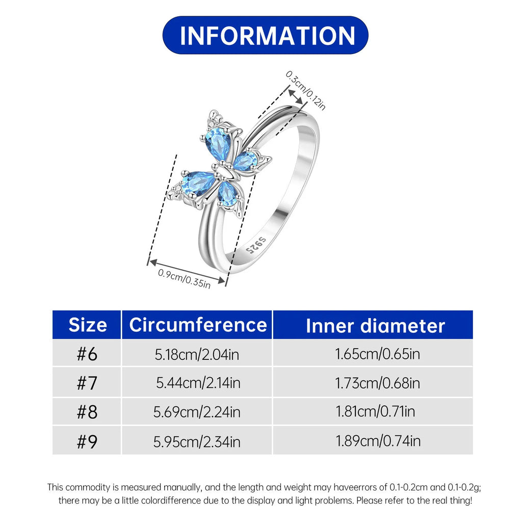 Blue Butterfly Ring, 925 Sterling Silver