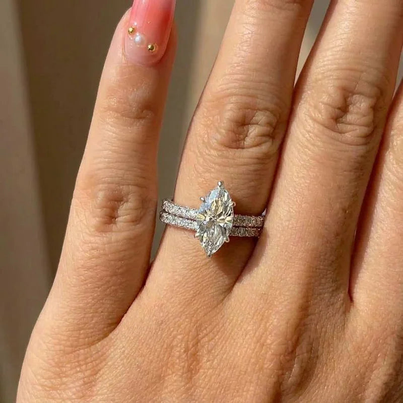 Marquise Solitaire Ring, 925 Sterling Silver. Pavé Set