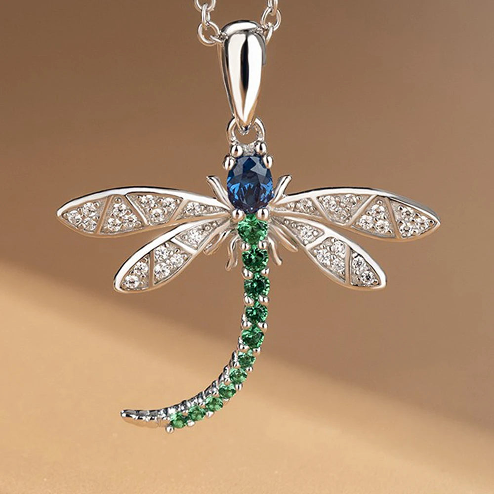 Dragonfly Pendant, Silver tone. Multicolour stones