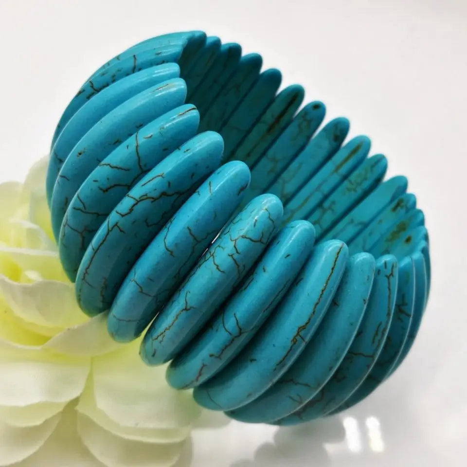 Turquoise Stone Stretch Bracelet, Sculpted Disc Beads