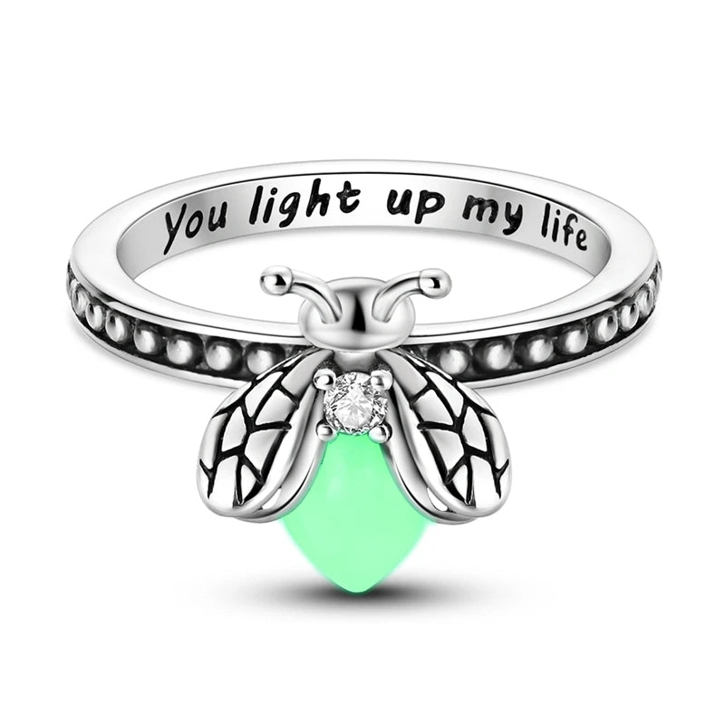 Luminous Firefly Ring, 925 Silver. Glow-in-the-dark stone