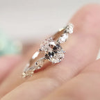 Oval Solitaire Ring, 925 Sterling Silver. Pavé Band