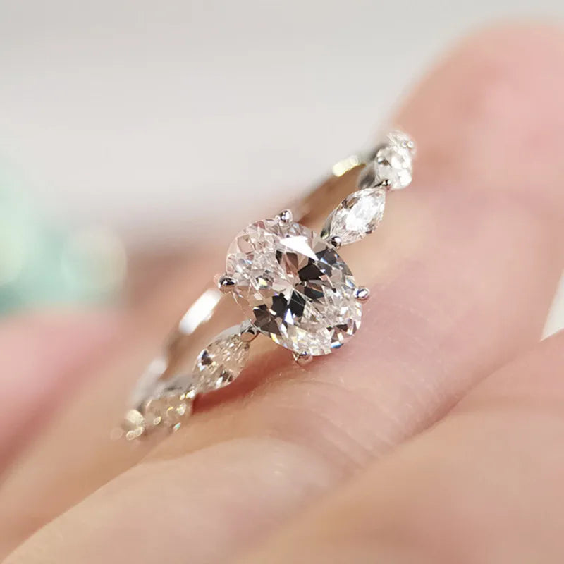 Oval Solitaire Ring, 925 Sterling Silver. Pavé Band