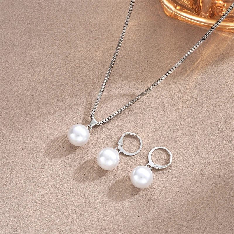Classic Pearl Jewelry Set - Chain Necklace & Drop Earrings