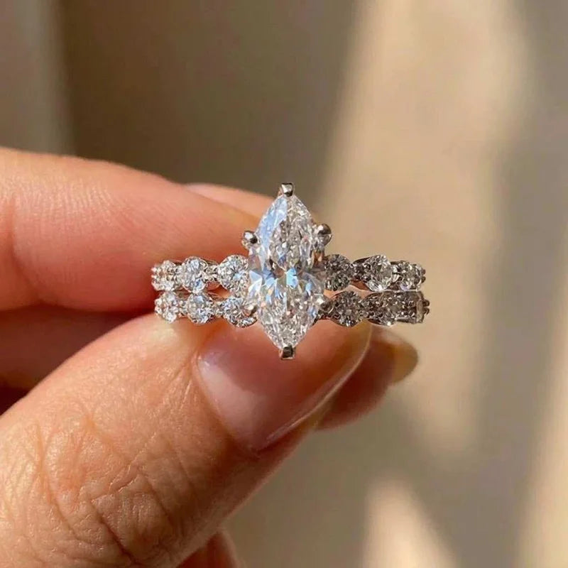 Marquise Solitaire Ring, 925 Sterling Silver. Pavé Set
