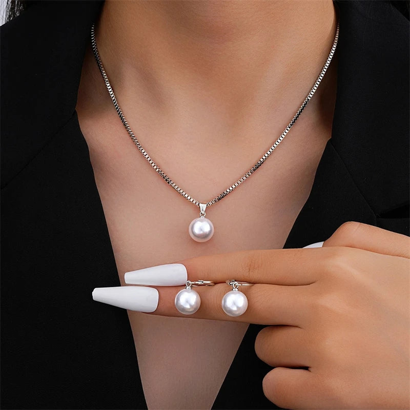 Classic Pearl Jewelry Set - Chain Necklace & Drop Earrings