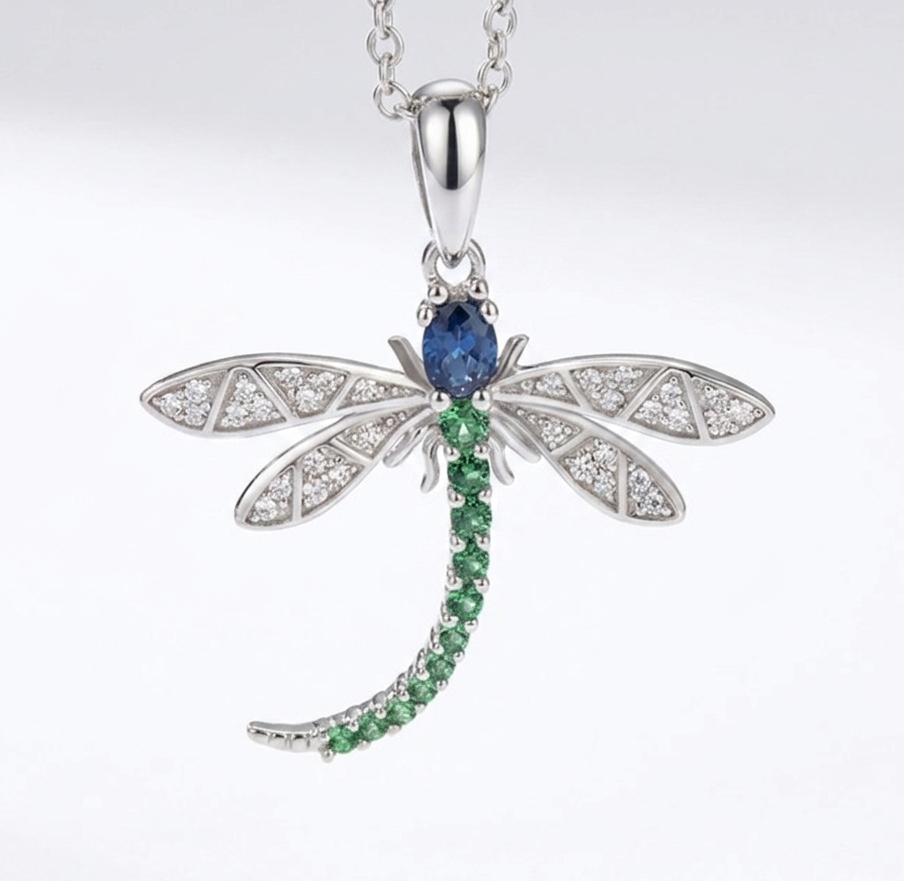 Dragonfly Pendant, Silver tone. Multicolour stones