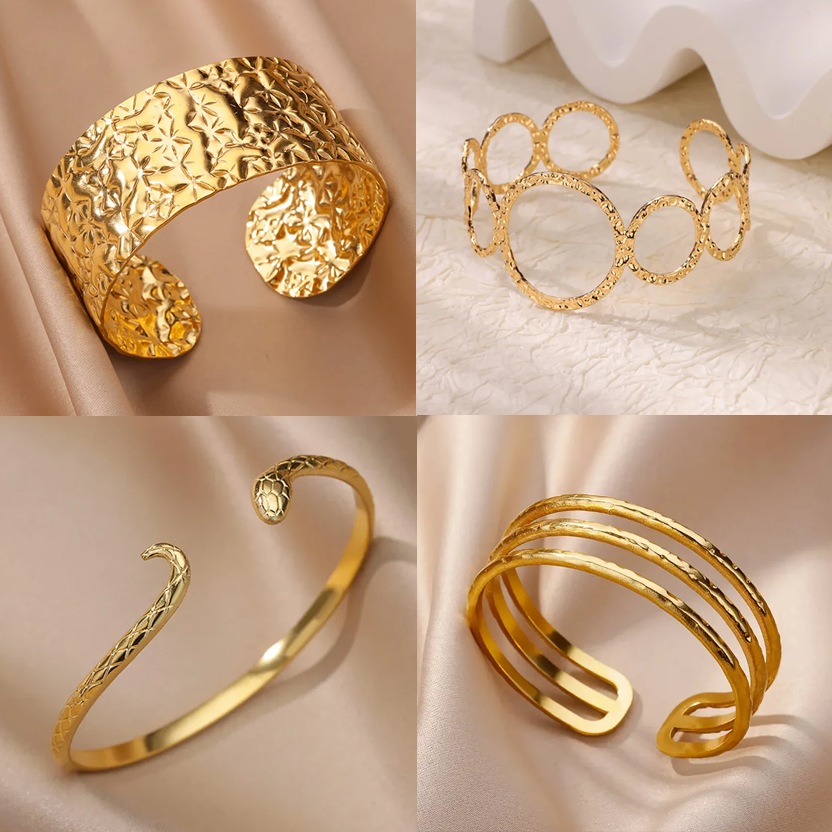 Cuff bangle with floral detail. Chunky or openwork, gold and silver