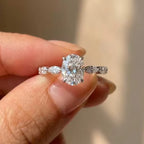 Oval Solitaire Ring, 925 Sterling Silver. Pavé Band