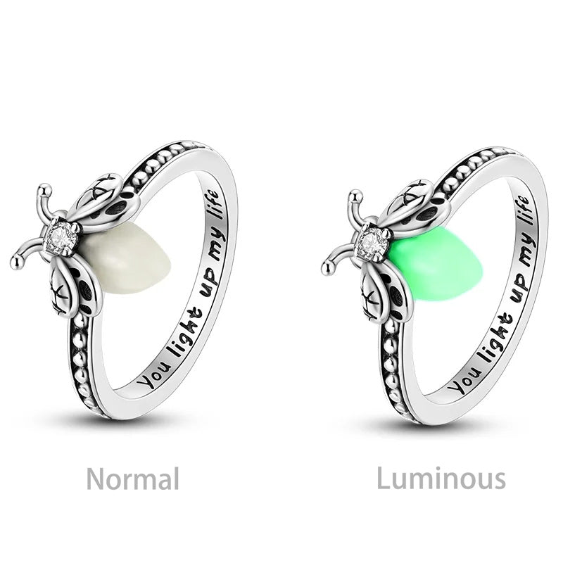 Luminous Firefly Ring, 925 Silver. Glow-in-the-dark stone